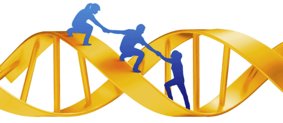 A group of people holding hands on top of a dna helix.